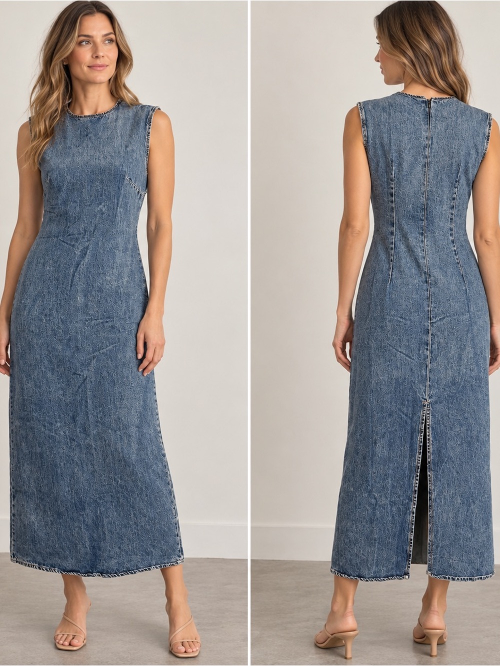 Zara Denim Maxi Dress Sleeveless Washed Blue XS Back Slit